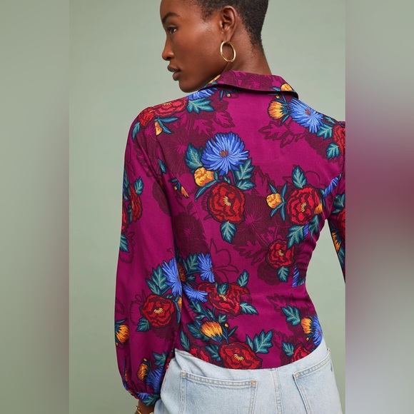 Floral Button Wrap Tie Shirt Blouse - Picture 2 of 4